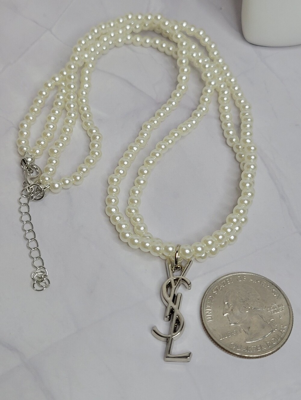 Double Pearl Strand Necklace, Silver YSL zip Pull, New, 18" Adjustable